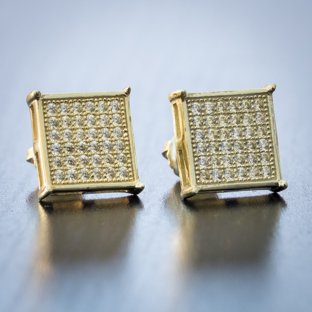 Ice Out Hip Hop Mens Square Stud Earrings